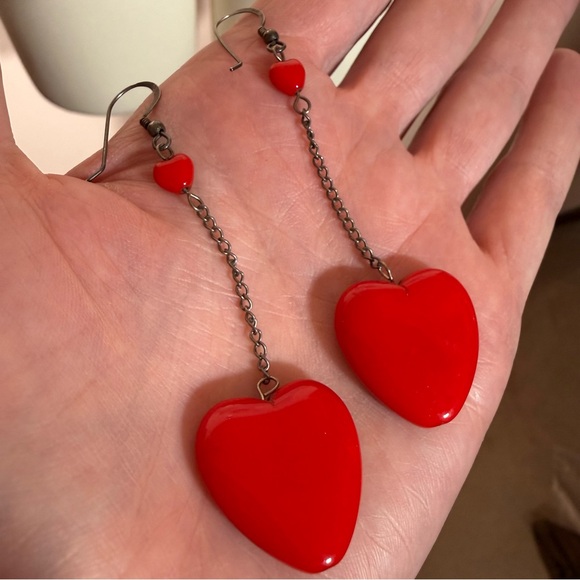 Vintage Red glass Heart Sterling silver oversized Modernist dangle Earrings - Picture 14 of 15